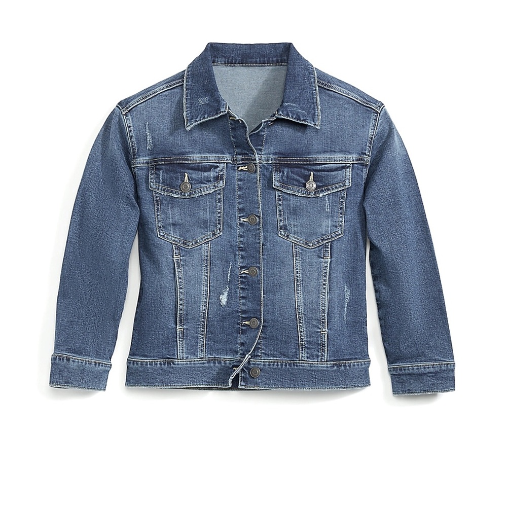 NWT EVSIE Denim Distressed Oversize Cotton Truckers Jacket Medium Wash 4 Pockets